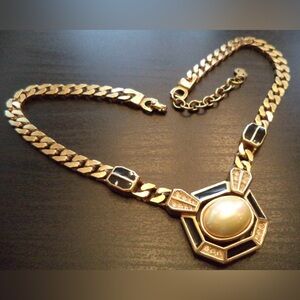 Vintage Christian Dior Classic Pearl Black Enamel Gold Chain Statement Necklace